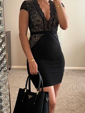 Emprada Black Lace V-Neck Bondage Mini Dress